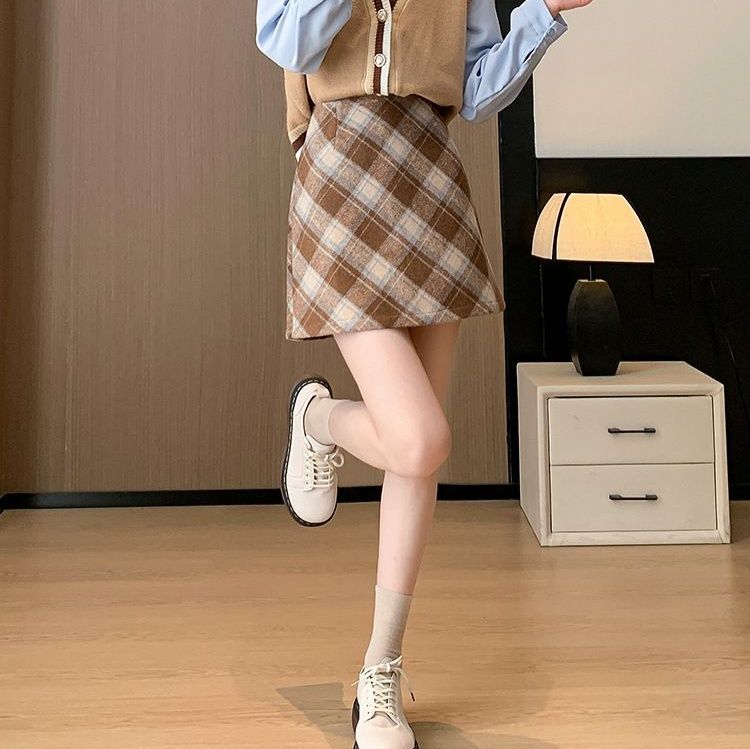 タイトスカート チェック柄ウール混紡タイトミニスカート