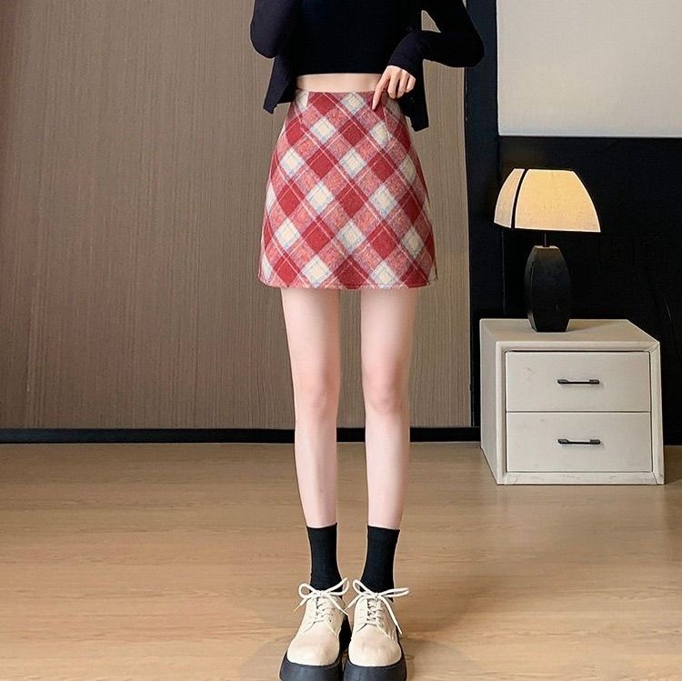 タイトスカート チェック柄ウール混紡タイトミニスカート