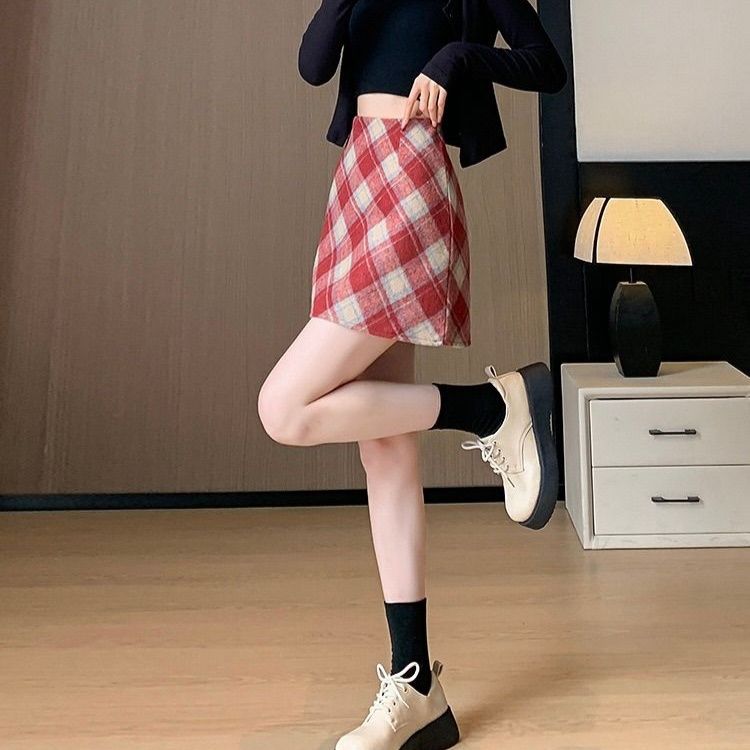 タイトスカート チェック柄ウール混紡タイトミニスカート