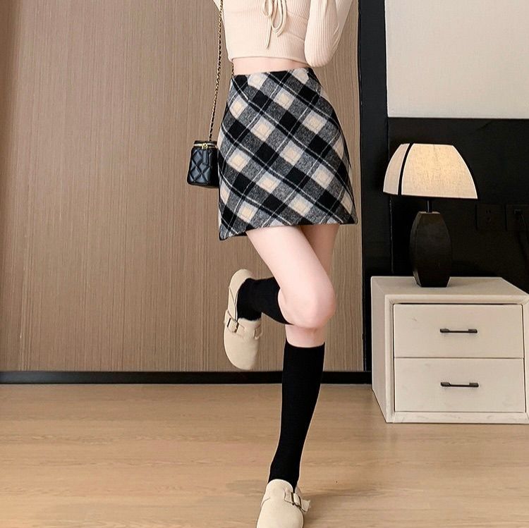タイトスカート チェック柄ウール混紡タイトミニスカート