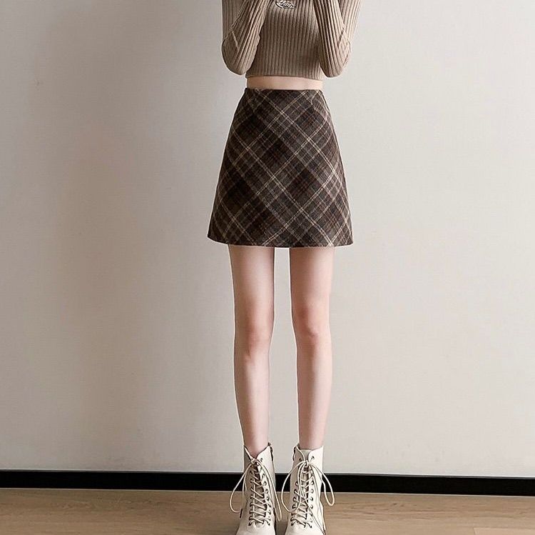 タイトスカート チェック柄ウール混紡タイトミニスカート