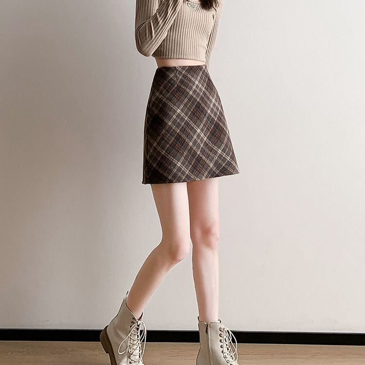 タイトスカート チェック柄ウール混紡タイトミニスカート