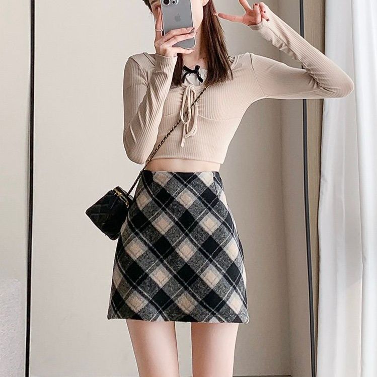 タイトスカート チェック柄ウール混紡タイトミニスカート