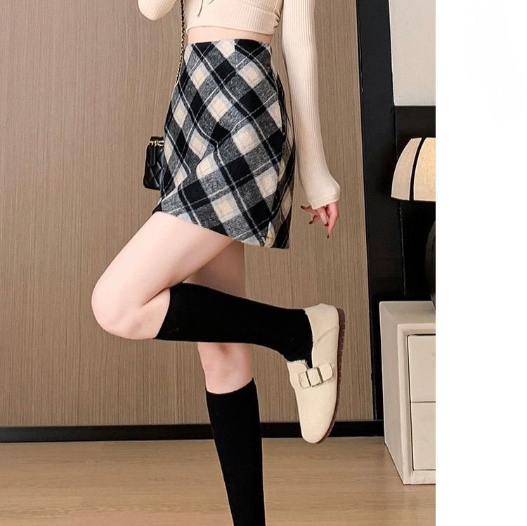 タイトスカート チェック柄ウール混紡タイトミニスカート