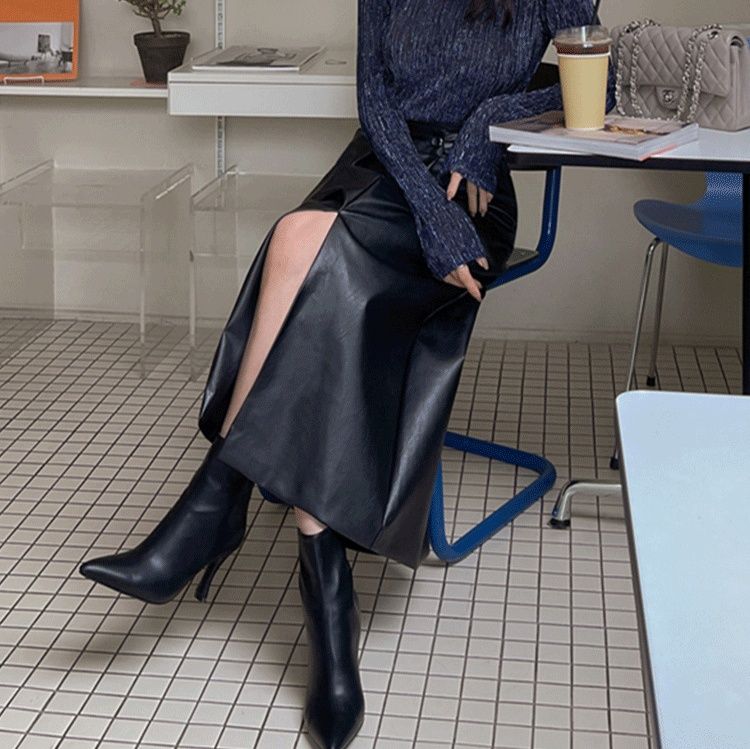 タイトスカート 合成皮革ラップ風タイトロングスカート