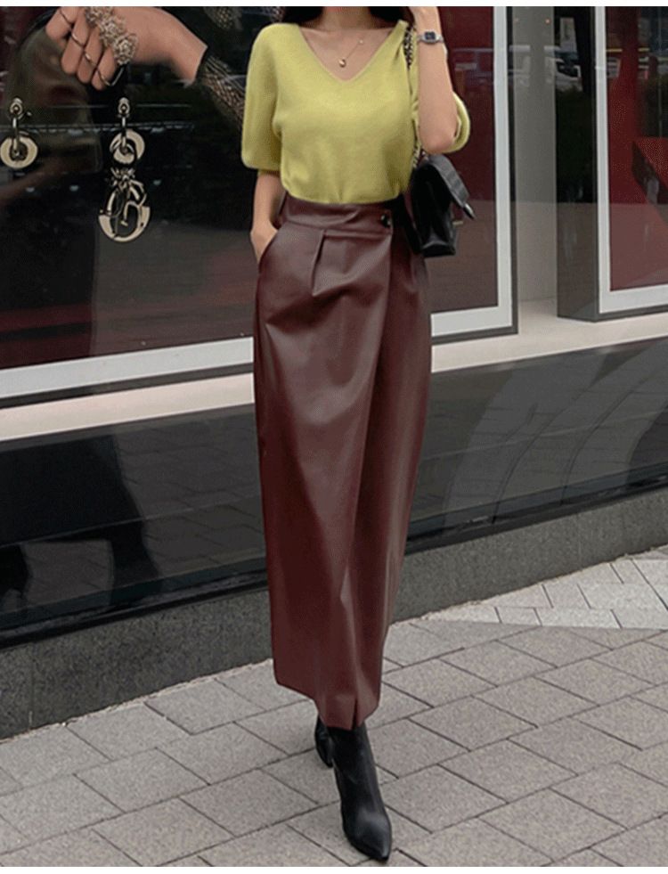 タイトスカート 合成皮革ラップ風タイトロングスカート