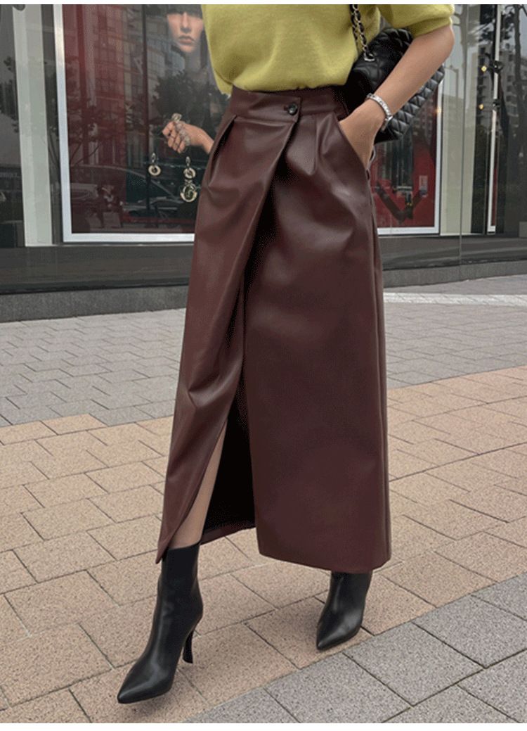 タイトスカート 合成皮革ラップ風タイトロングスカート