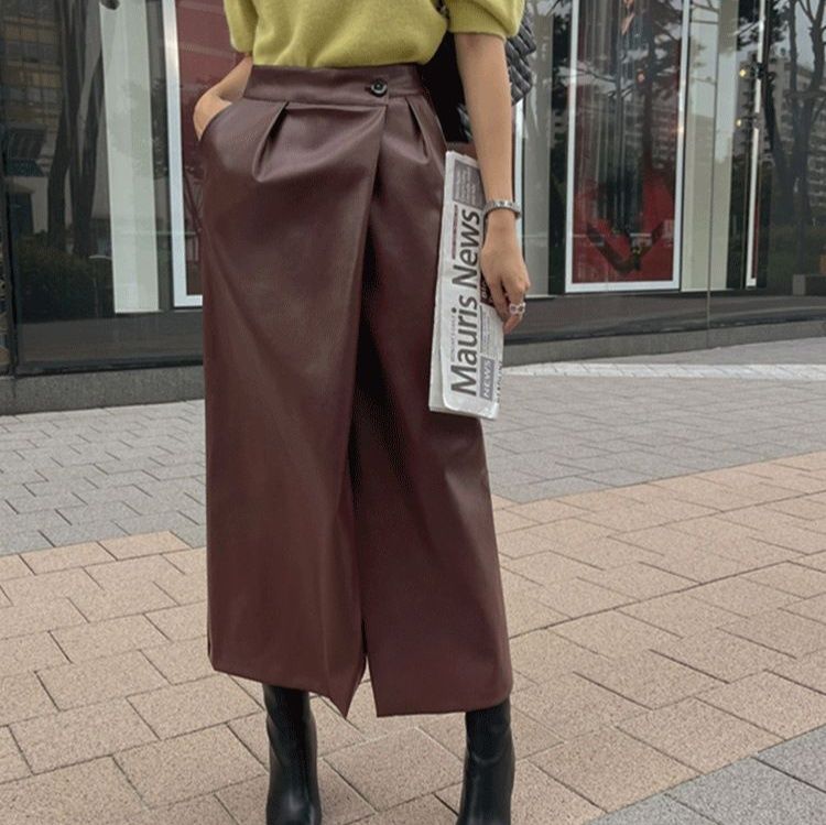 タイトスカート 合成皮革ラップ風タイトロングスカート