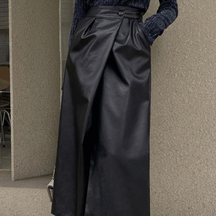 タイトスカート 合成皮革ラップ風タイトロングスカート