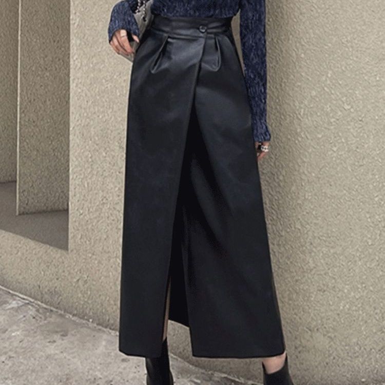 タイトスカート 合成皮革ラップ風タイトロングスカート