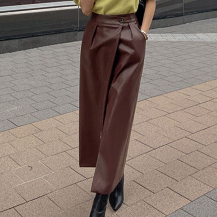 タイトスカート 合成皮革ラップ風タイトロングスカート