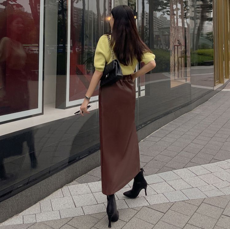 タイトスカート 合成皮革ラップ風タイトロングスカート