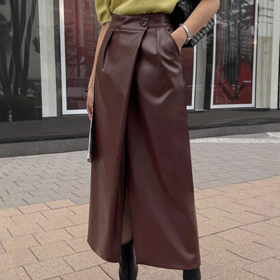 タイトスカート 合成皮革ラップ風タイトロングスカート