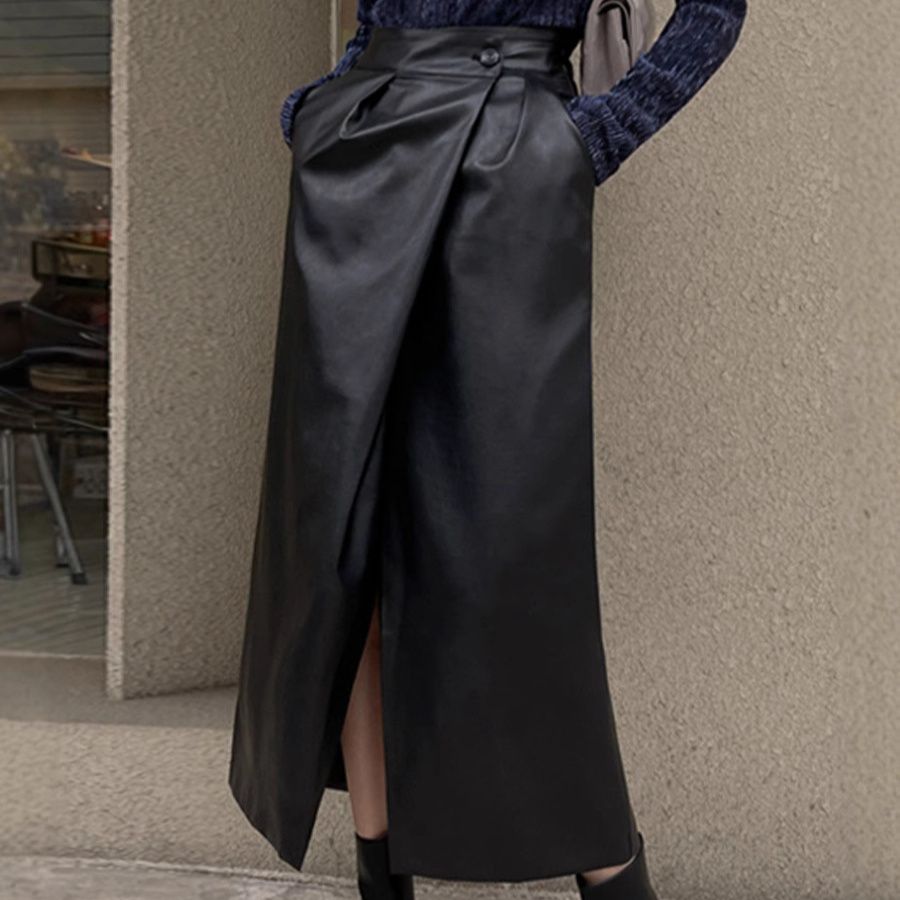 タイトスカート 合成皮革ラップ風タイトロングスカート