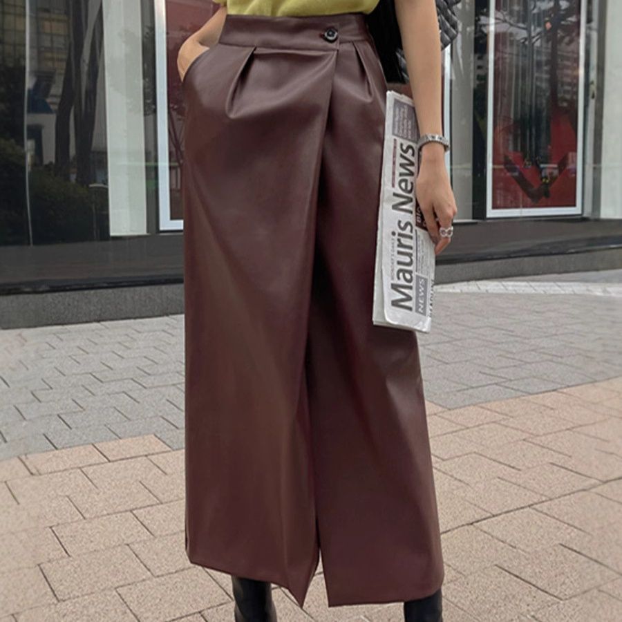 タイトスカート 合成皮革ラップ風タイトロングスカート