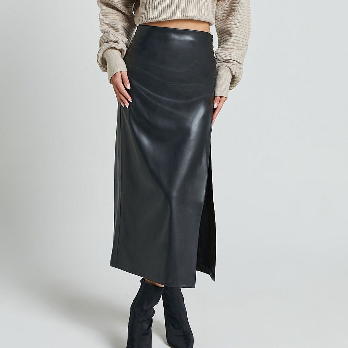 タイトスカート 合成皮革素材スリット入りハイウエストタイトスカート