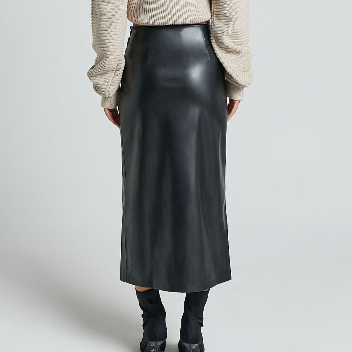 タイトスカート 合成皮革素材スリット入りハイウエストタイトスカート