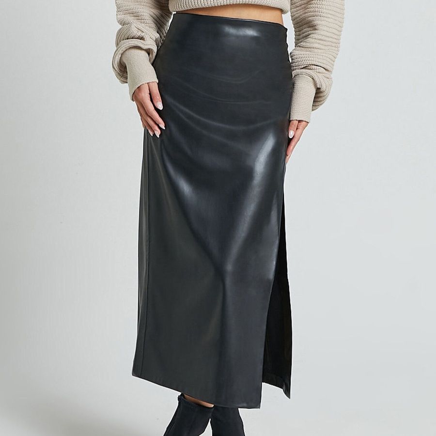 タイトスカート 合成皮革素材スリット入りハイウエストタイトスカート