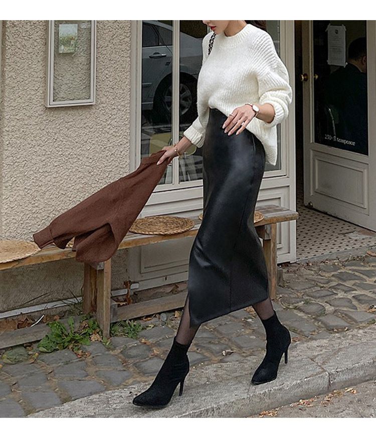 タイトスカート 合成皮革サイドスリット入りタイトスカートロング