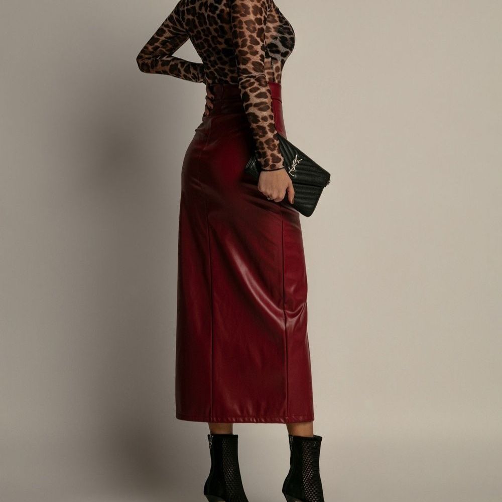 タイトスカート 合成皮革サイドスリット入りタイトスカートロング丈