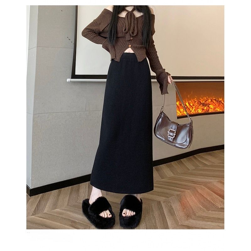 タイトスカート リブ編みニットタイトスカートロング丈