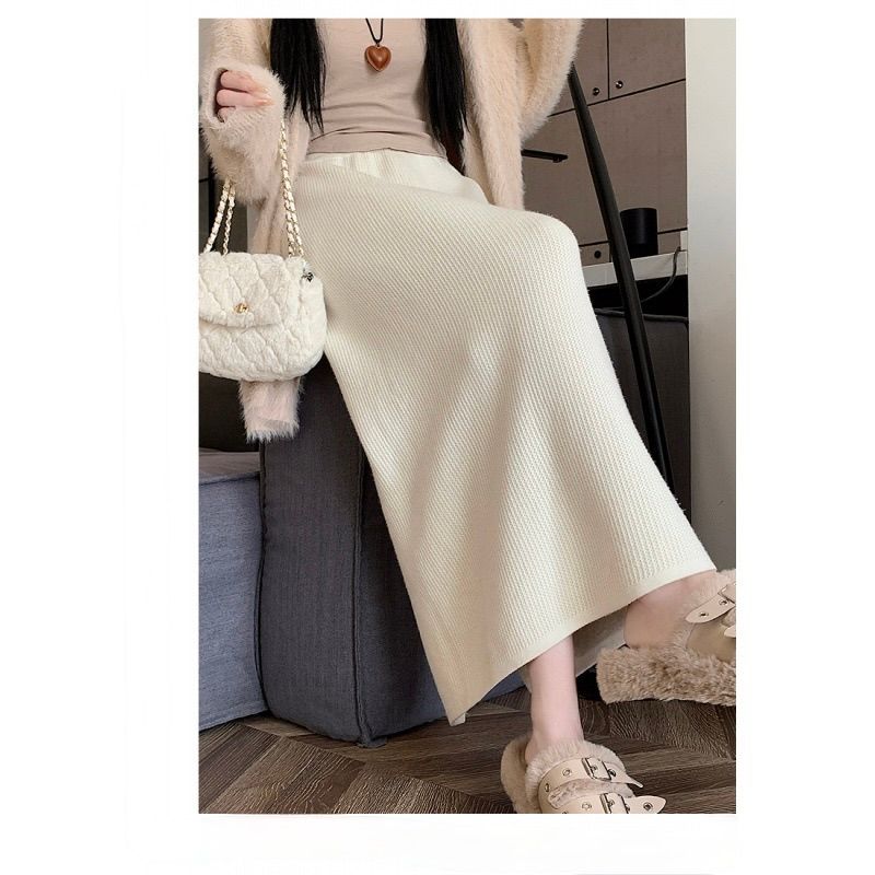 タイトスカート リブ編みニットタイトスカートロング丈