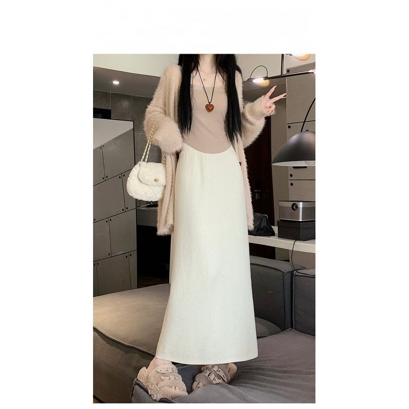 タイトスカート リブ編みニットタイトスカートロング丈