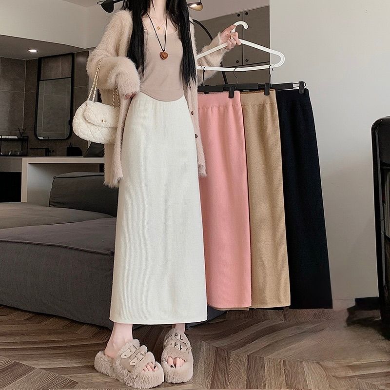 タイトスカート リブ編みニットタイトスカートロング丈