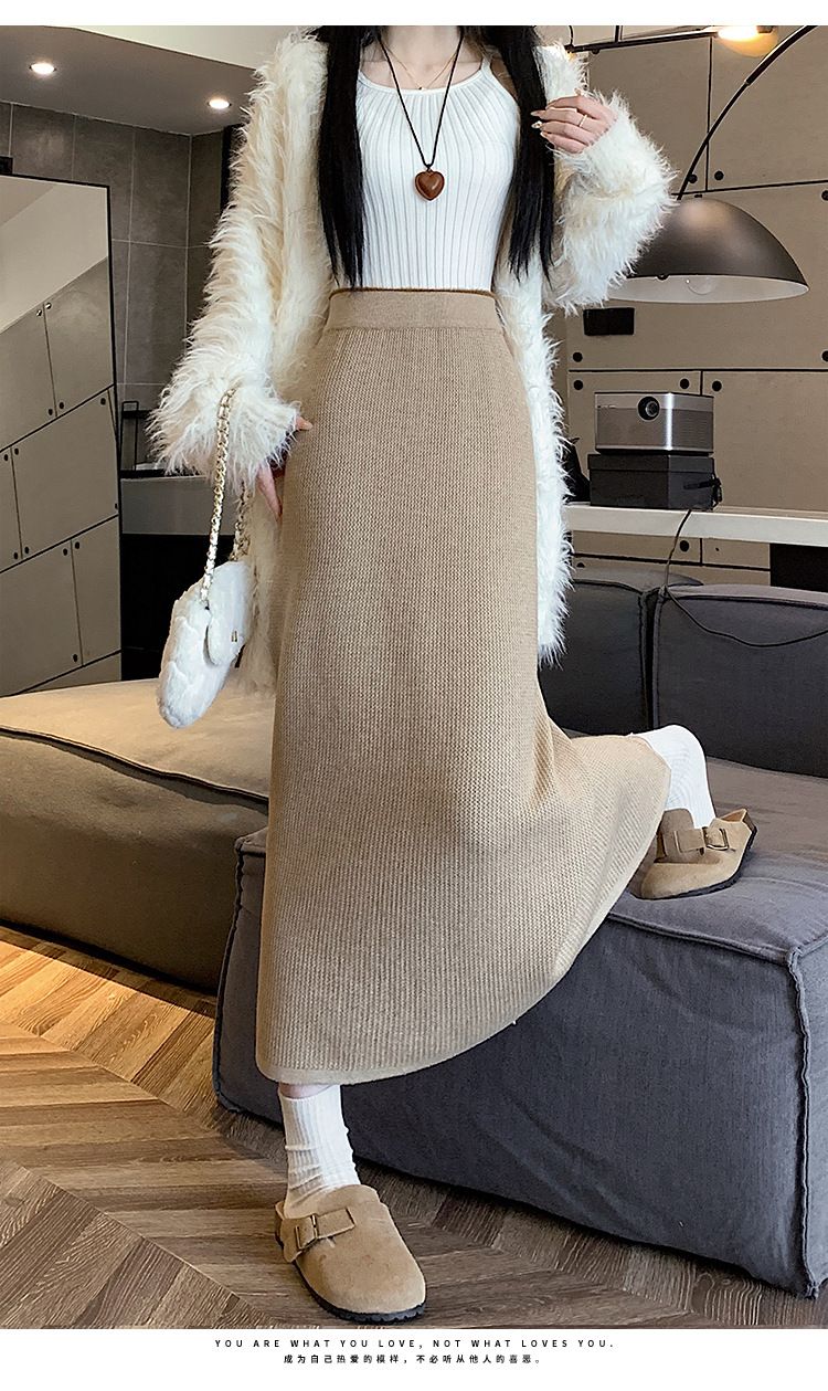 タイトスカート リブ編みニットタイトスカートロング丈