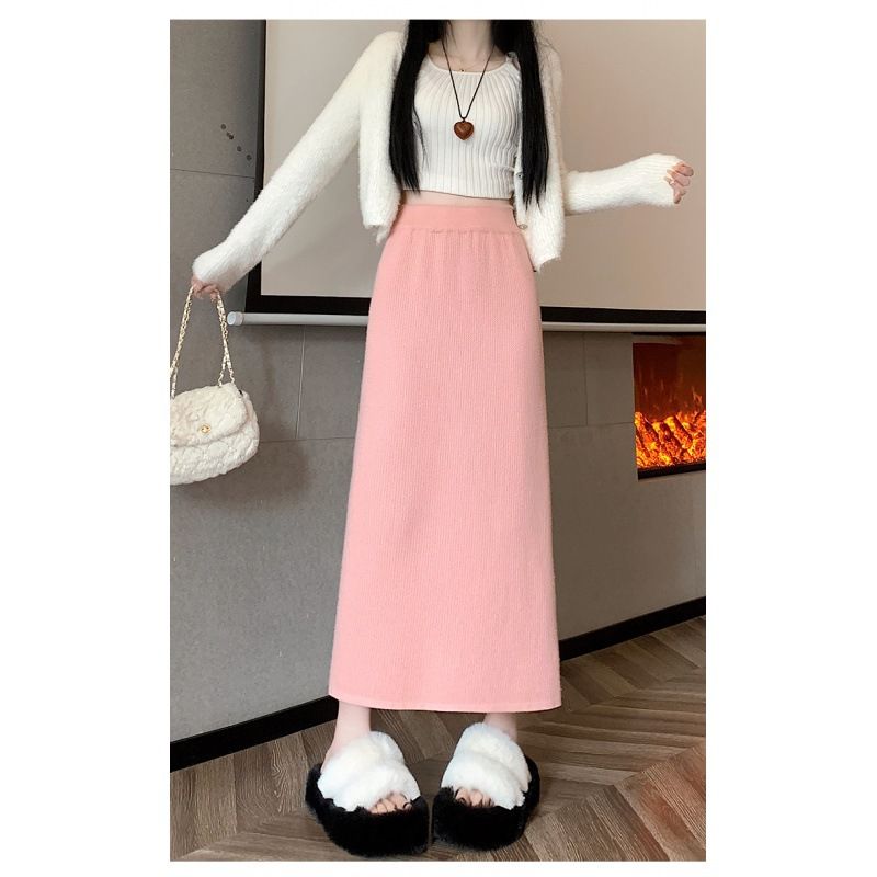 タイトスカート リブ編みニットタイトスカートロング丈