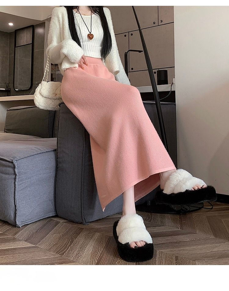 タイトスカート リブ編みニットタイトスカートロング丈