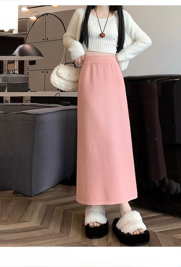 タイトスカート リブ編みニットタイトスカートロング丈