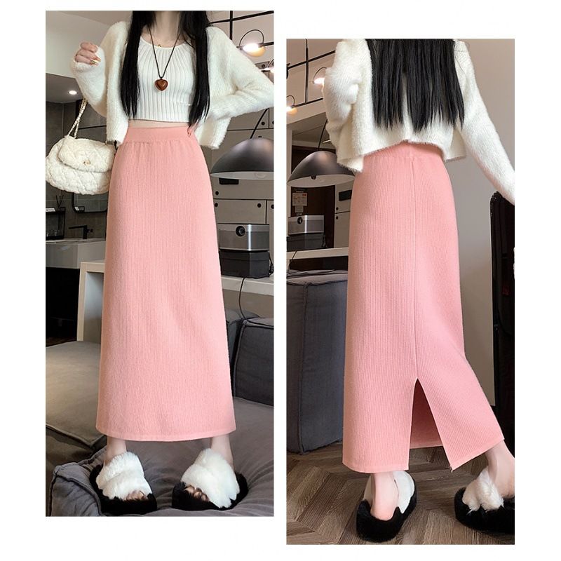 タイトスカート リブ編みニットタイトスカートロング丈