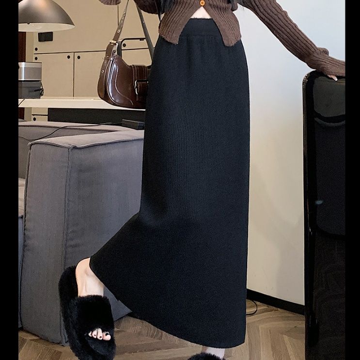 タイトスカート リブ編みニットタイトスカートロング丈