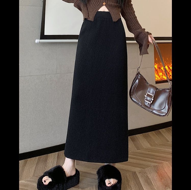 タイトスカート リブ編みニットタイトスカートロング丈