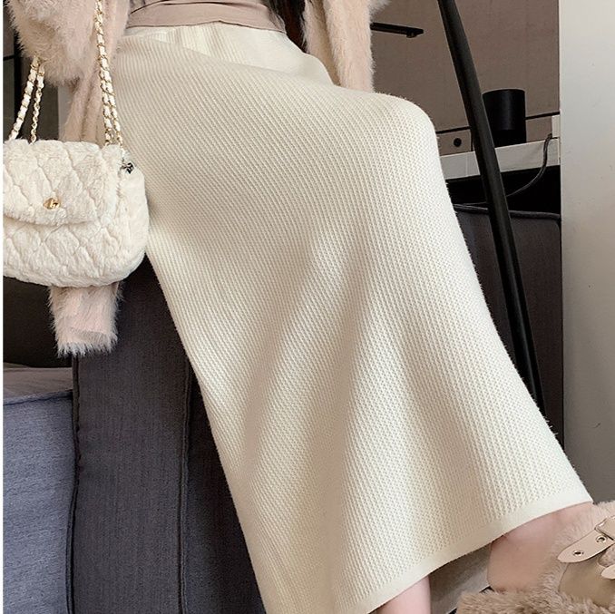 タイトスカート リブ編みニットタイトスカートロング丈