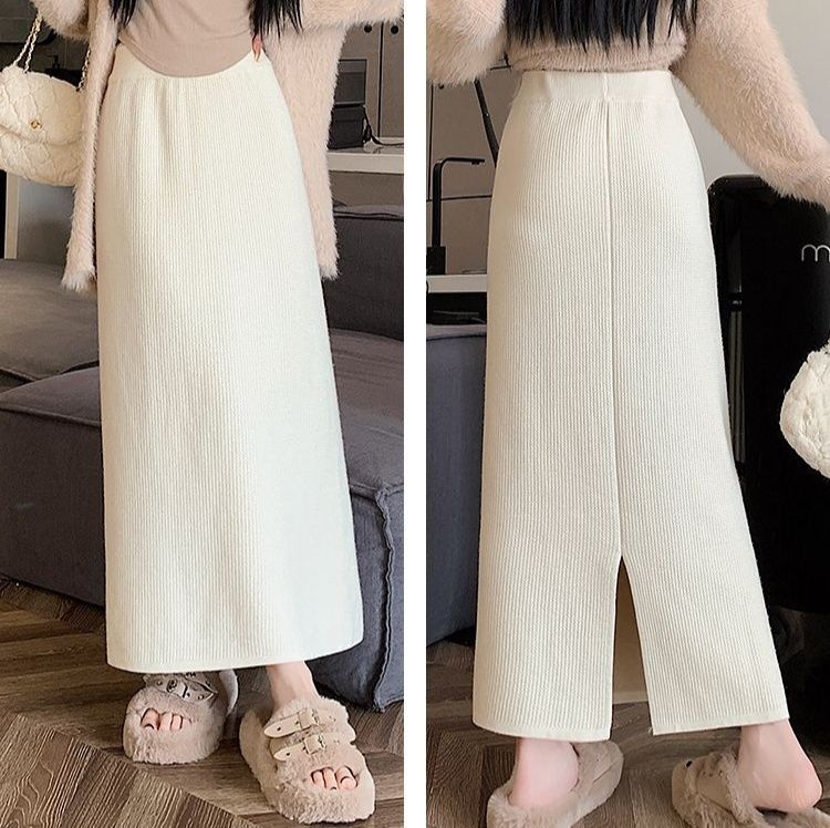 タイトスカート リブ編みニットタイトスカートロング丈