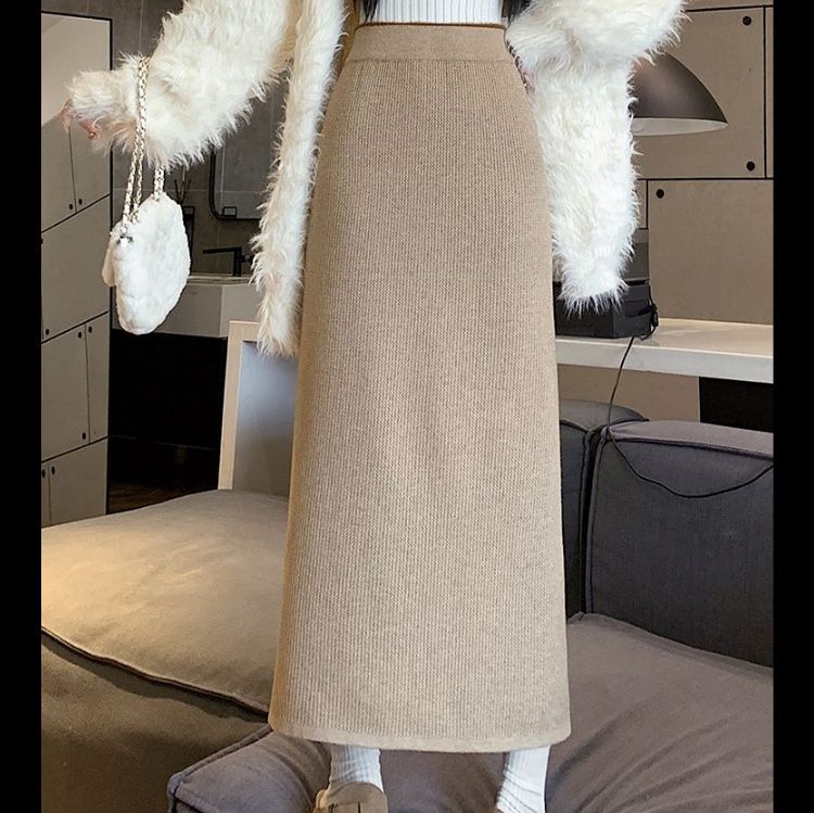 タイトスカート リブ編みニットタイトスカートロング丈