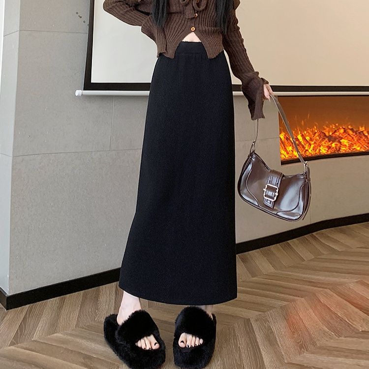 タイトスカート リブ編みニットタイトスカートロング丈