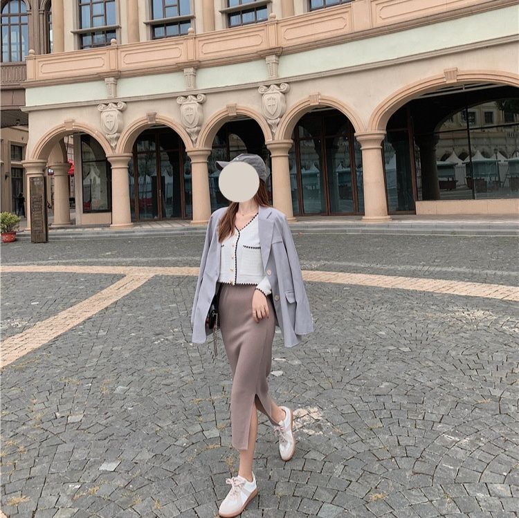 上品ニットロングタイトスカート ハイウエスト スリット入り