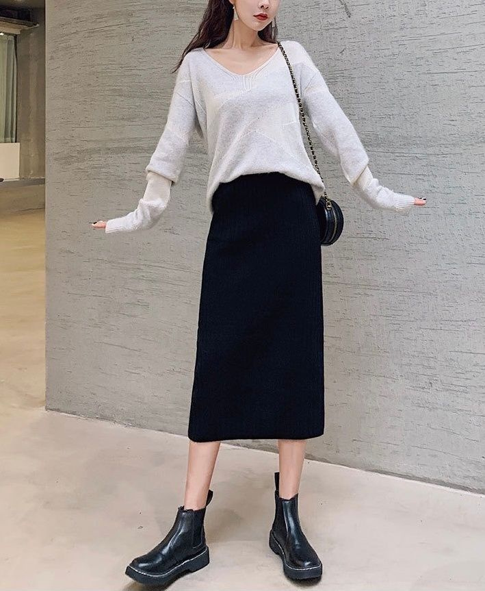 タイトスカート 縦リブニットロングタイトスカート