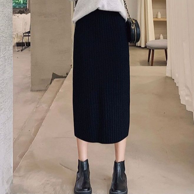 タイトスカート 縦リブニットロングタイトスカート