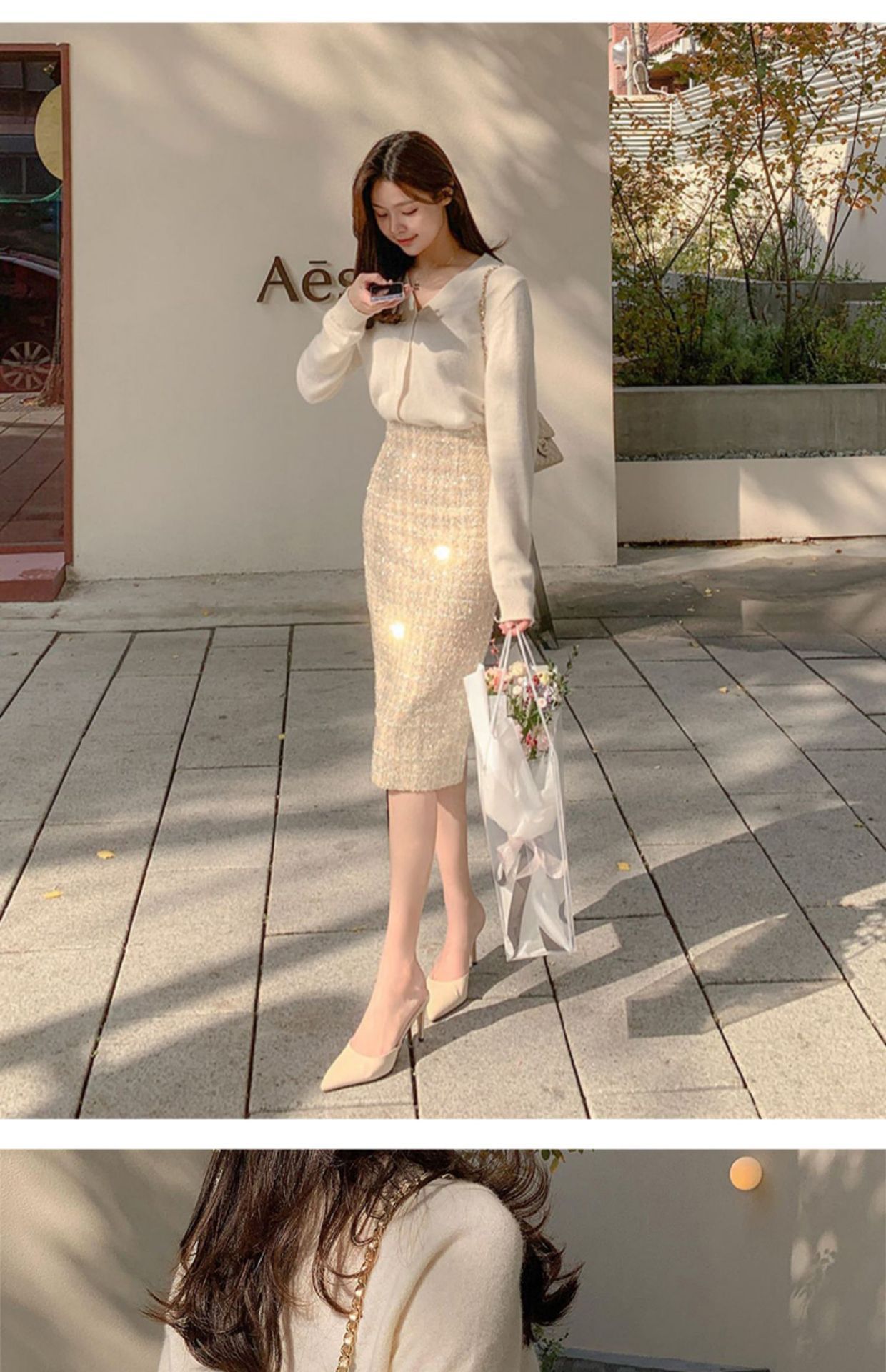 煌めくスパンコール装飾ミニ丈タイトスカート