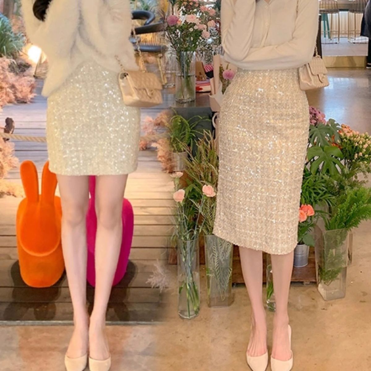 煌めくスパンコール装飾ミニ丈タイトスカート