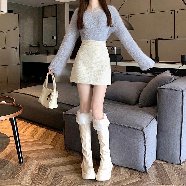 タイトスカート 上品ツイード素材台形ミニタイトスカート