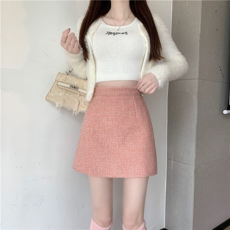 タイトスカート 上品ツイード素材台形ミニタイトスカート