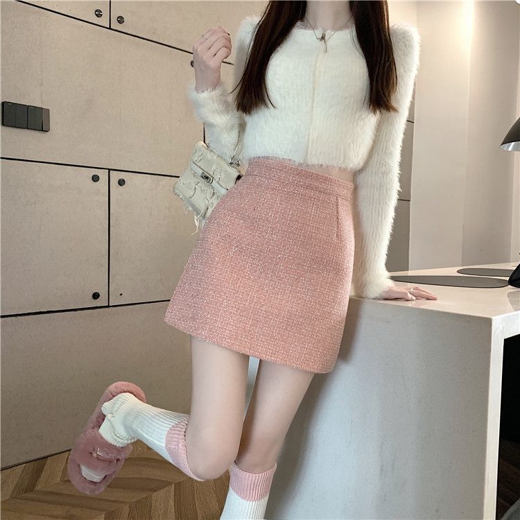 タイトスカート 上品ツイード素材台形ミニタイトスカート