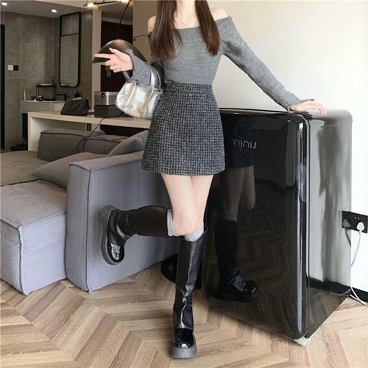 タイトスカート 上品ツイード素材台形ミニタイトスカート