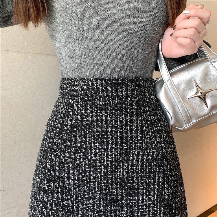 タイトスカート 上品ツイード素材台形ミニタイトスカート