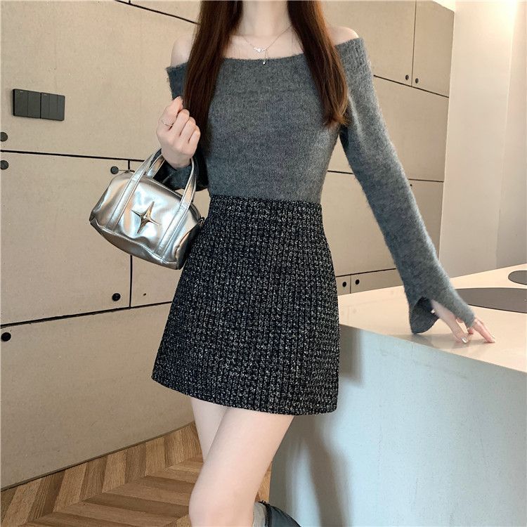 タイトスカート 上品ツイード素材台形ミニタイトスカート
